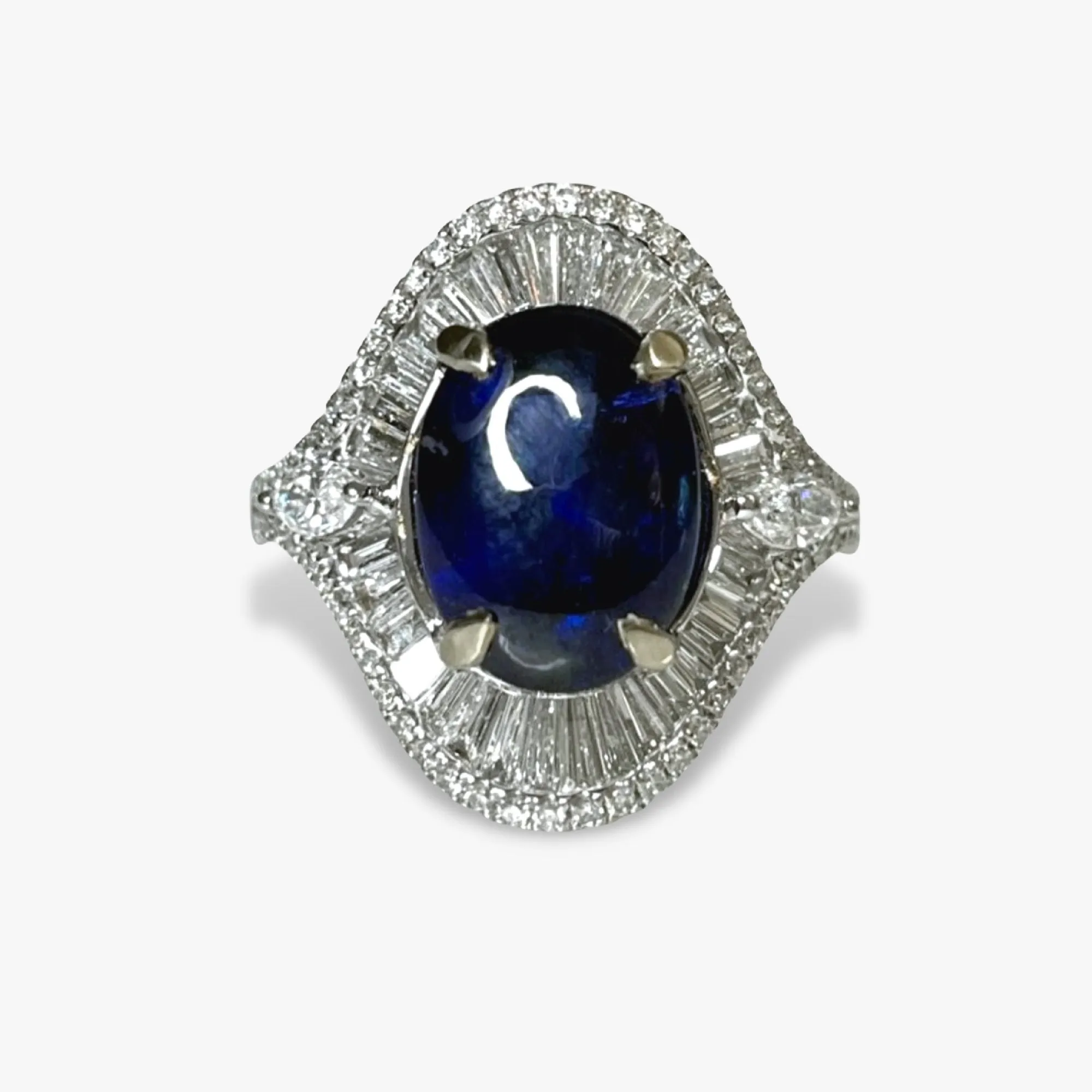 18k White Gold Cabochon Cut Blue Sapphire and Diamond Dome Cocktail Ring