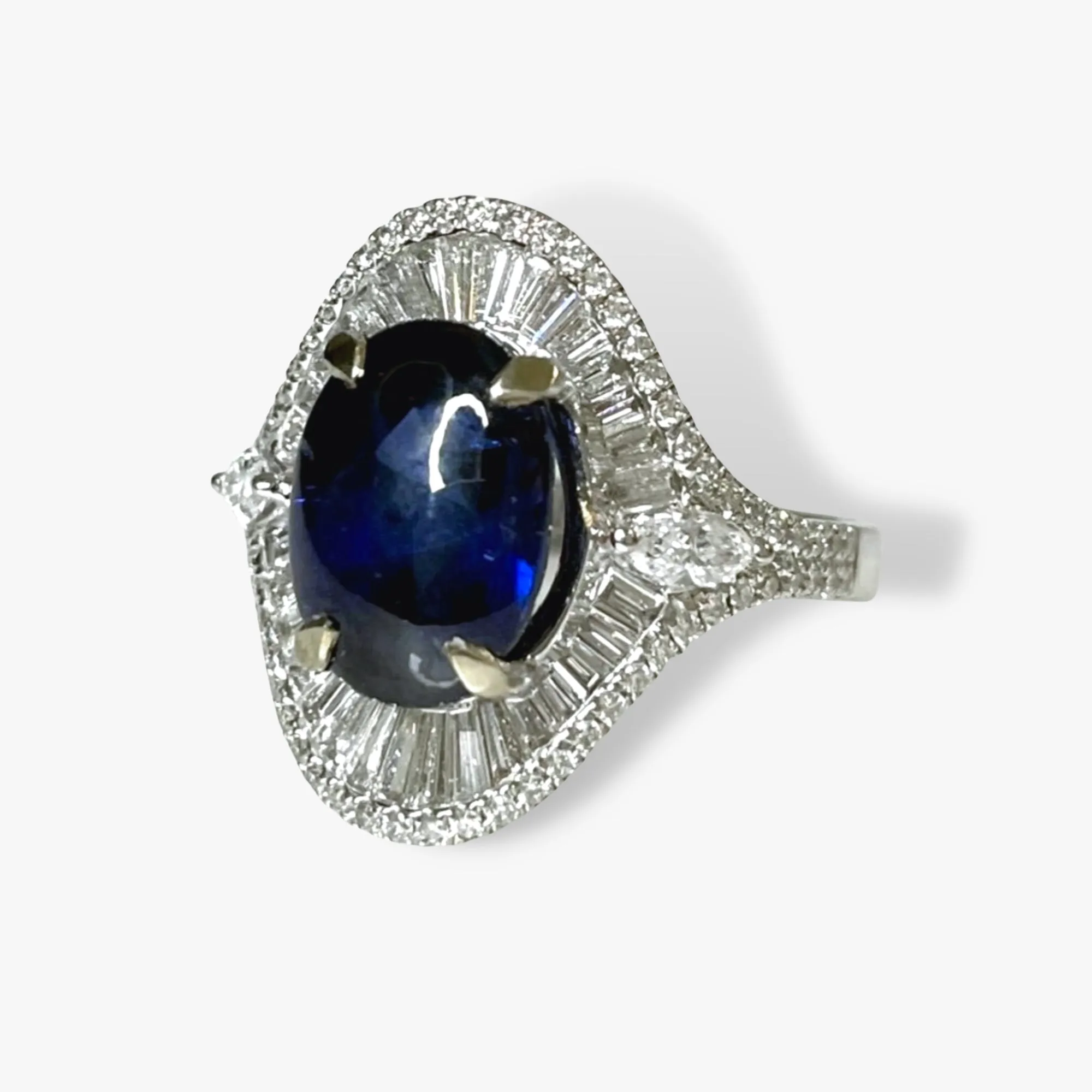 18k White Gold Cabochon Cut Blue Sapphire and Diamond Dome Cocktail Ring