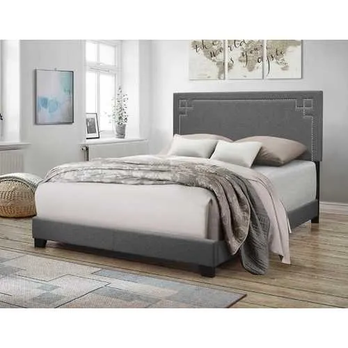 64" X 86" X 50" Gray Fabric Upholstered Bed Wood Leg Queen Bed