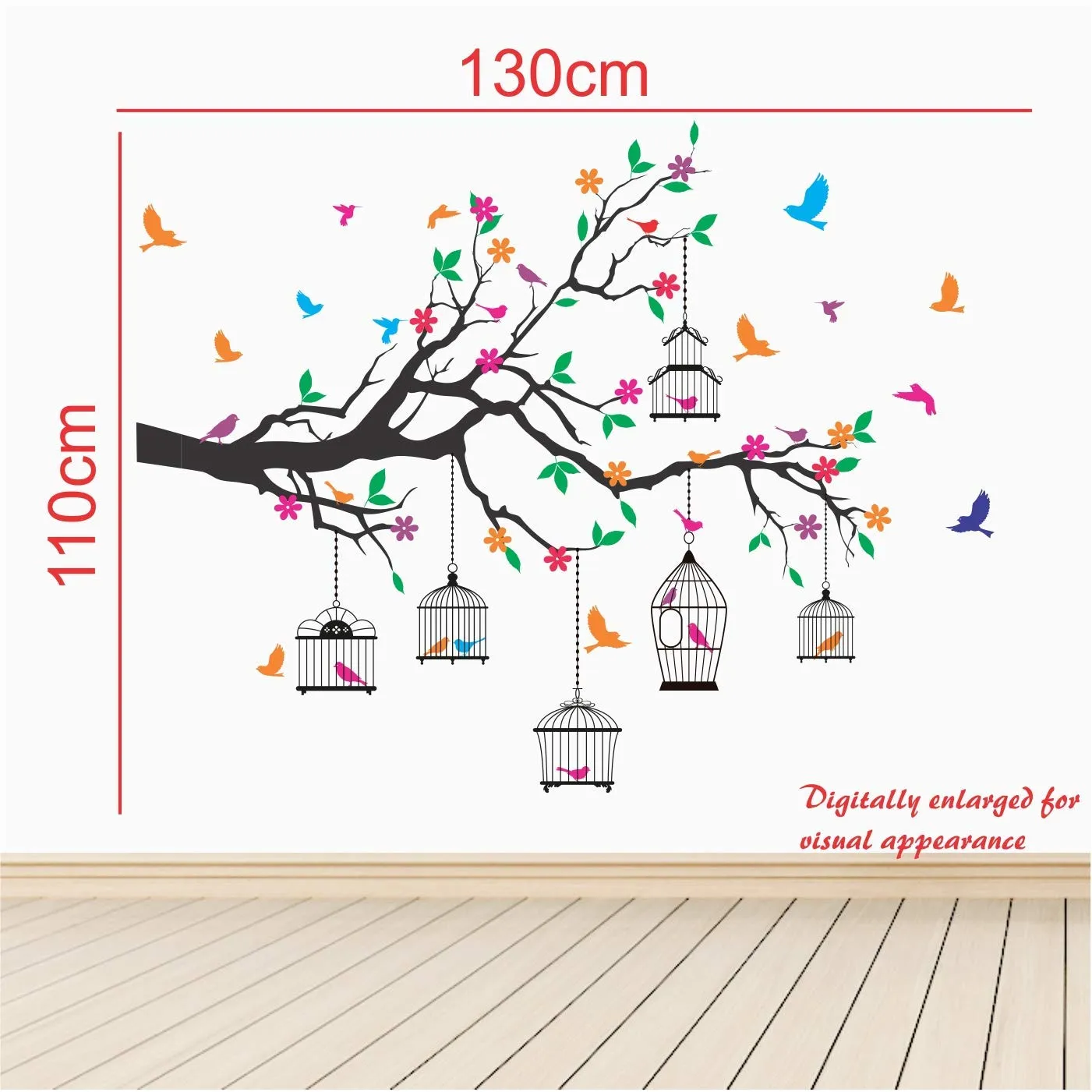 Advait Design 'Nature Tree - Colorful - Birds - Cage - Wall Sticker ' - (Multi Colour, Vinyl - 130cm X 110 cm)