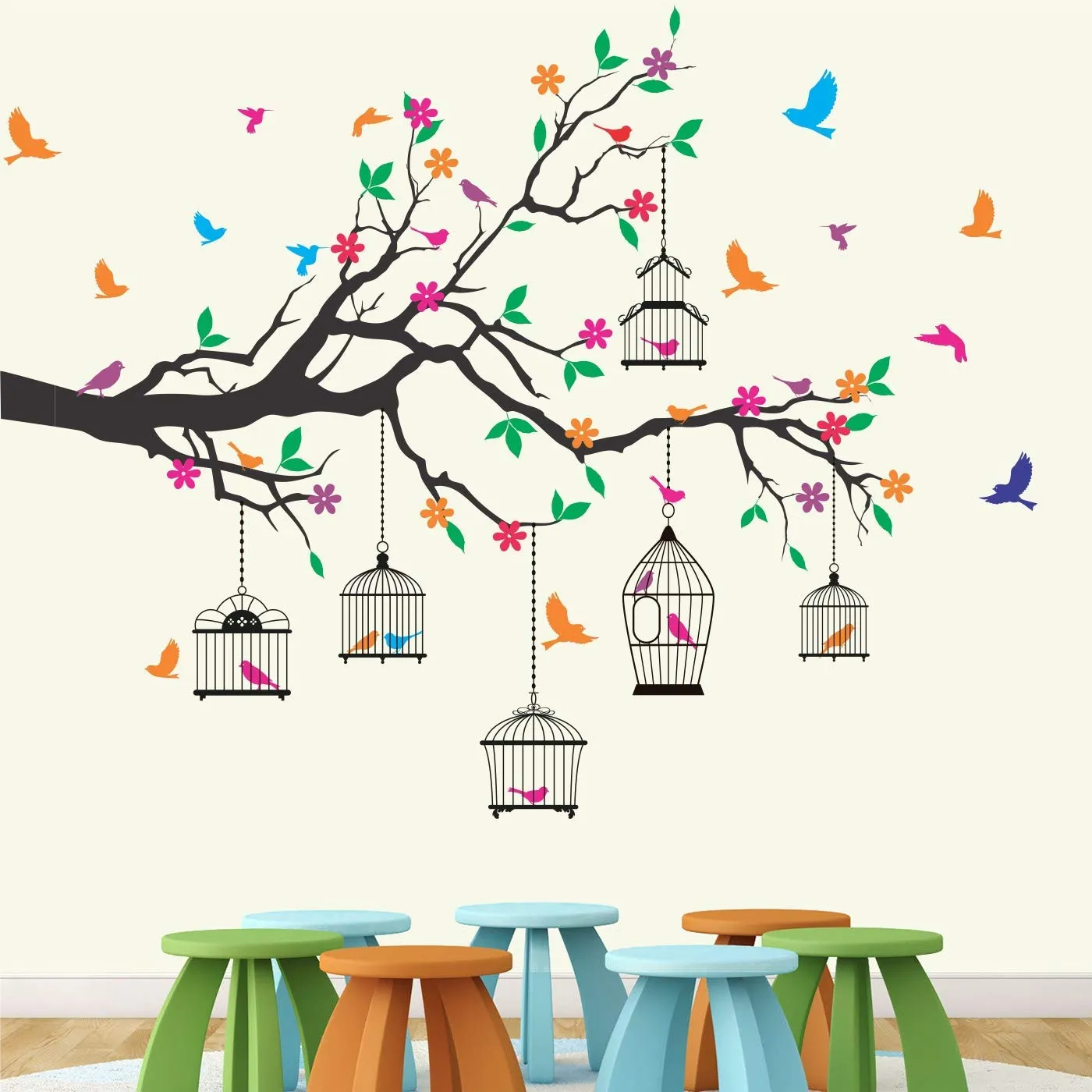 Advait Design 'Nature Tree - Colorful - Birds - Cage - Wall Sticker ' - (Multi Colour, Vinyl - 130cm X 110 cm)