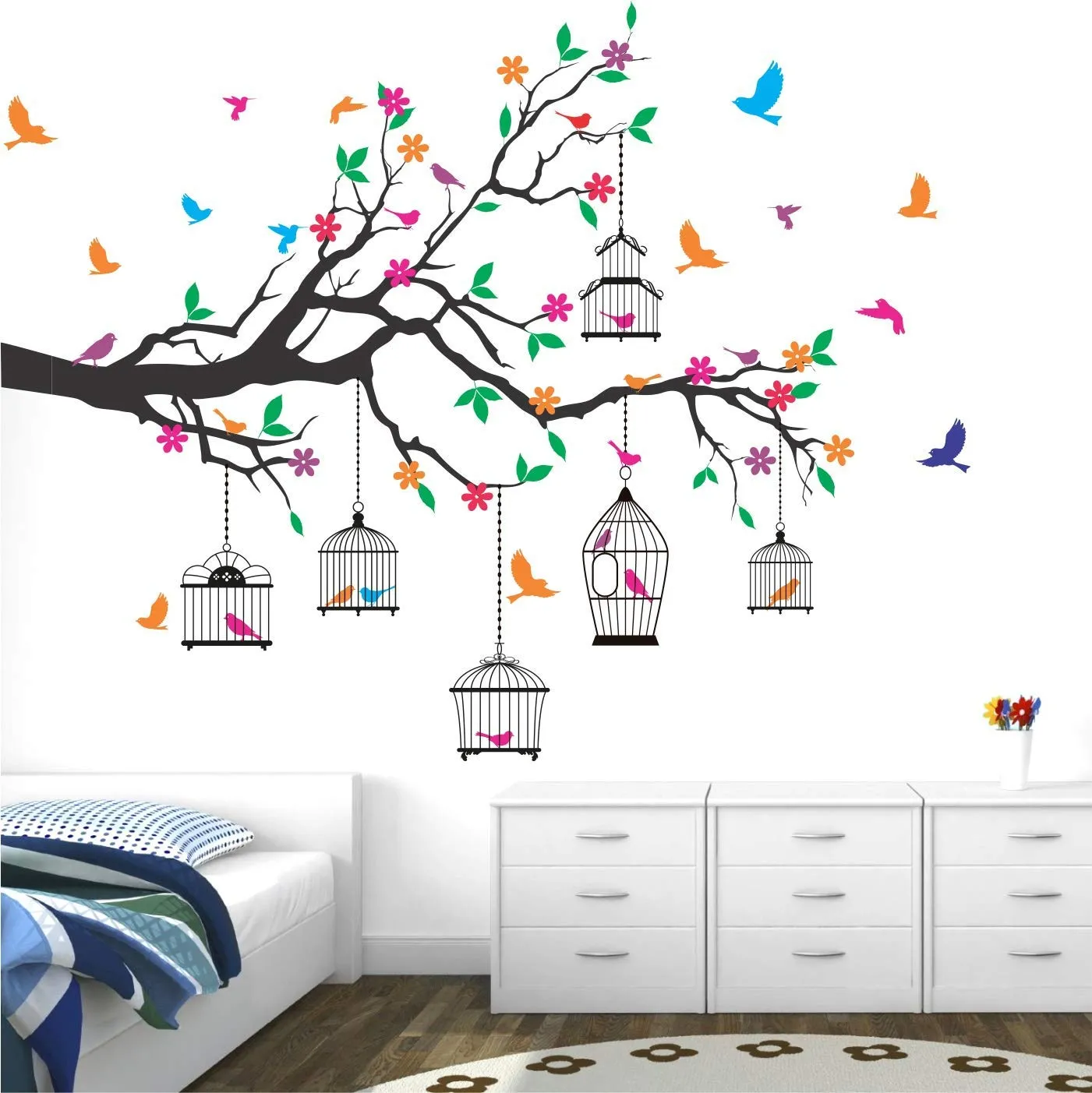 Advait Design 'Nature Tree - Colorful - Birds - Cage - Wall Sticker ' - (Multi Colour, Vinyl - 130cm X 110 cm)