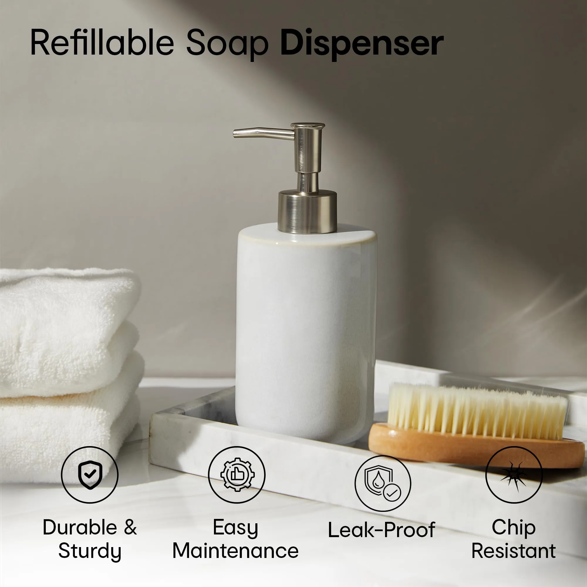 Anko Reactive White Soap Dispenser | Elegant Ceramic Bath Accessory Set | Durable Plastic Sprayer | White, 19x8cm