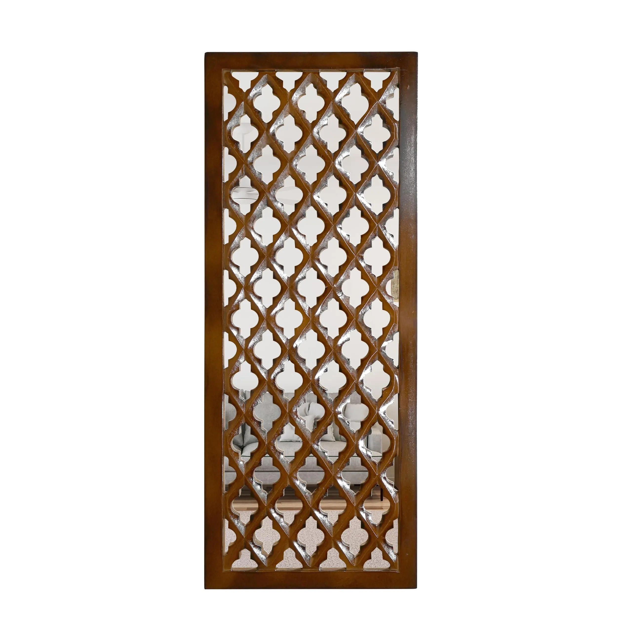 ANTIQUE HOUSE IN Rectangular Decorative Hand Crafted Wooden Wall Mount Mirror Panel for Living Room | Modern Wall Panels | Wall Décor, 30 x 12 inch, Brown (Pack of 2)