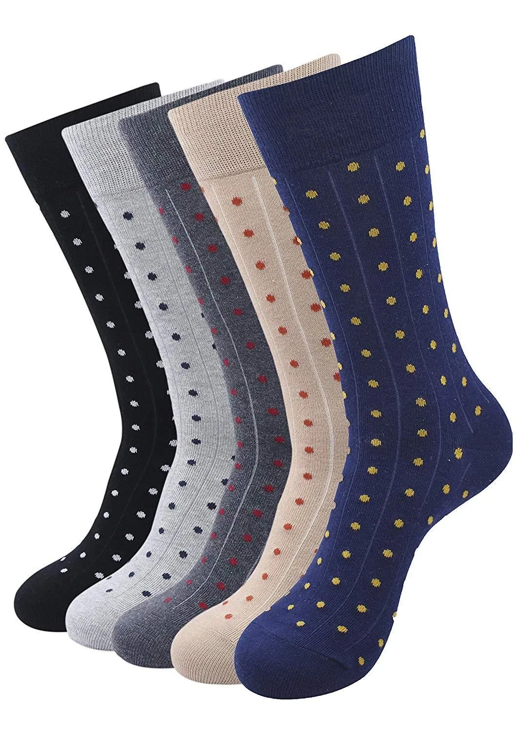 Balenzia Men's  Polka Pattern Cotton Calf length socks- Pack of 5/1U (Black,L.Grey,D.Grey,Beige,Navy)