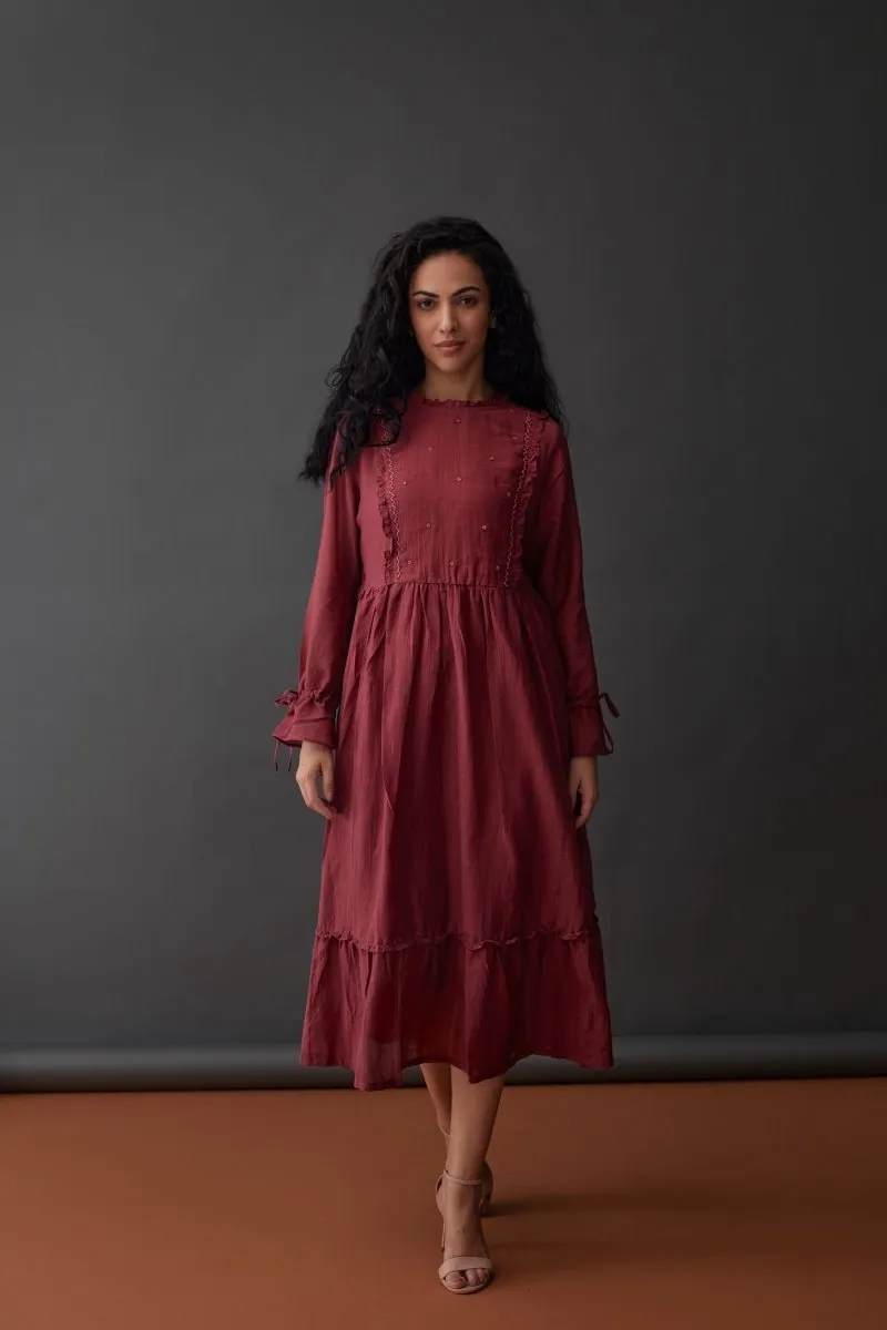 Cupro Crinkle Dress-Red Plum