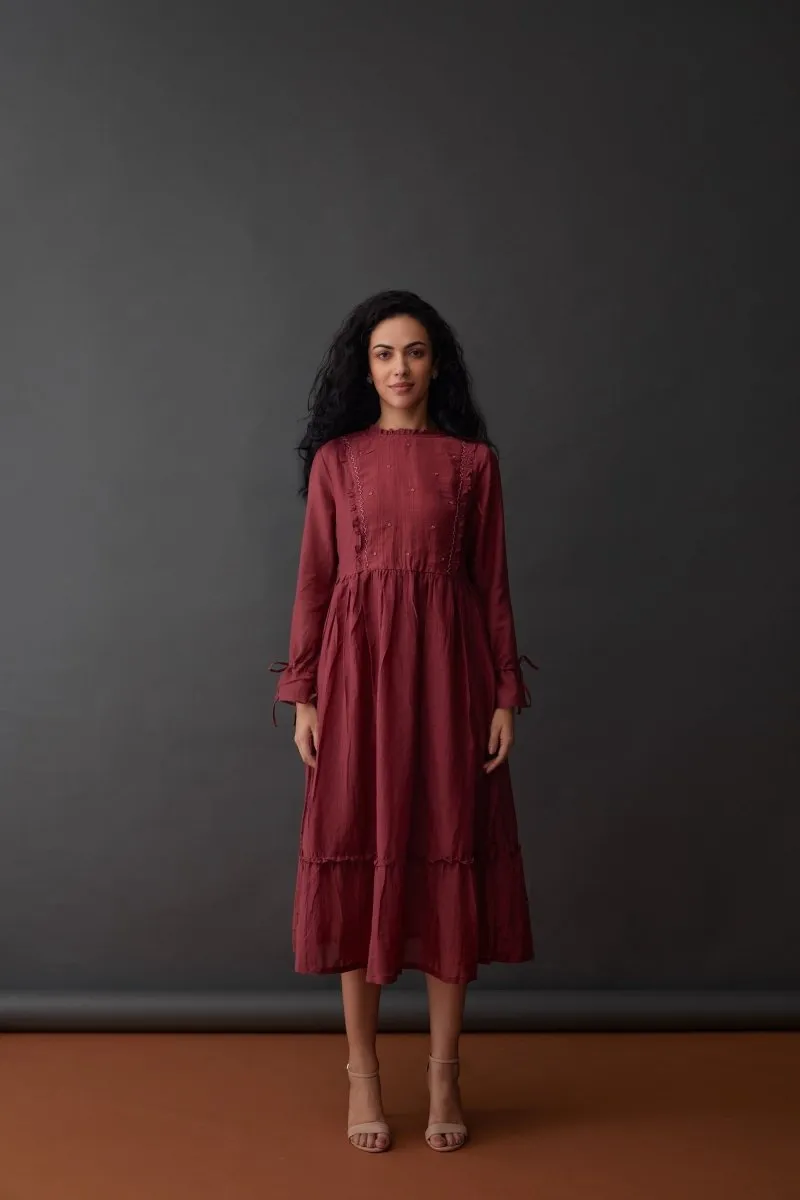 Cupro Crinkle Dress-Red Plum