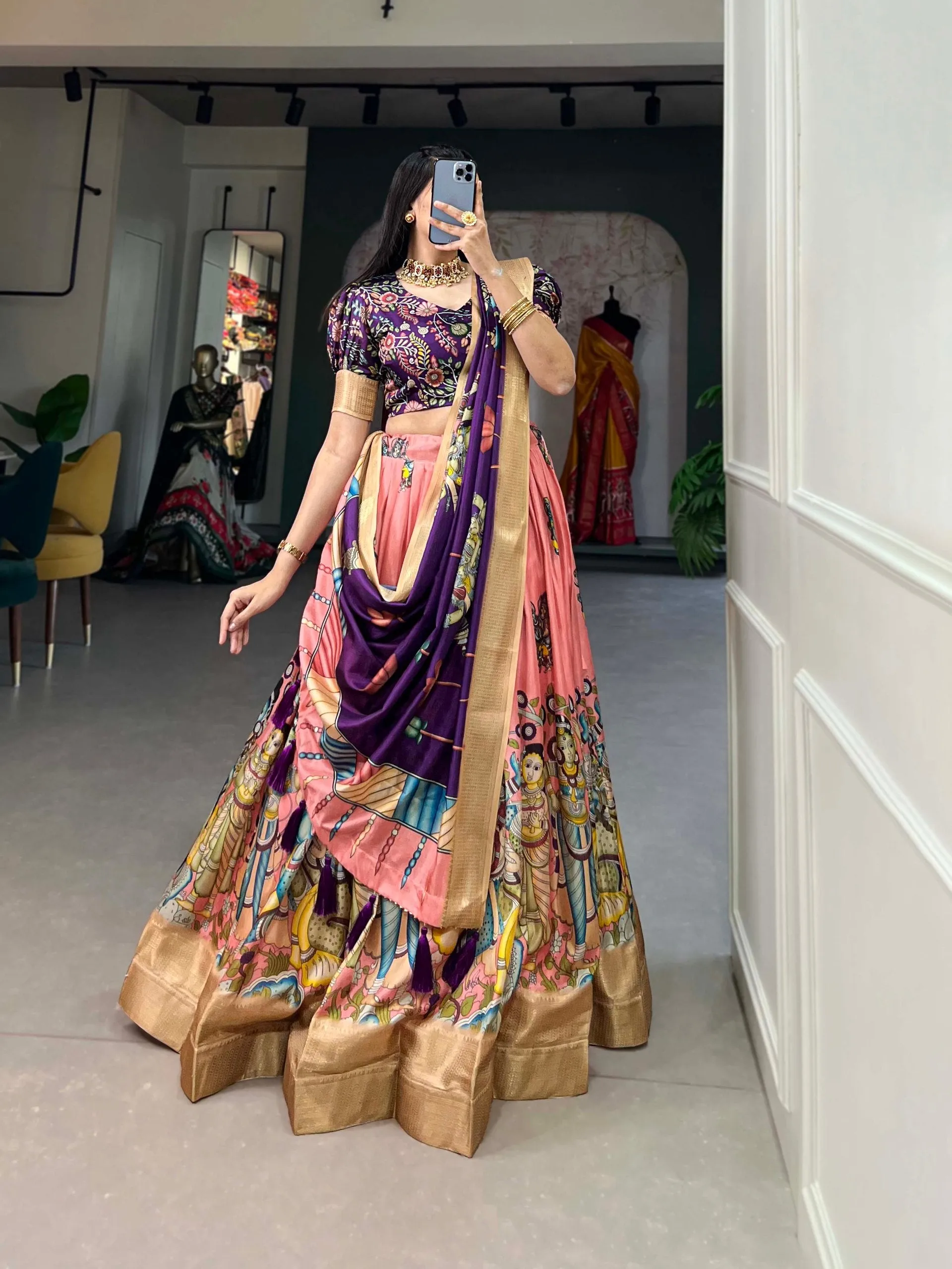 Enchanting Peach Dola Silk Lehenga Choli with Kalamkari Print