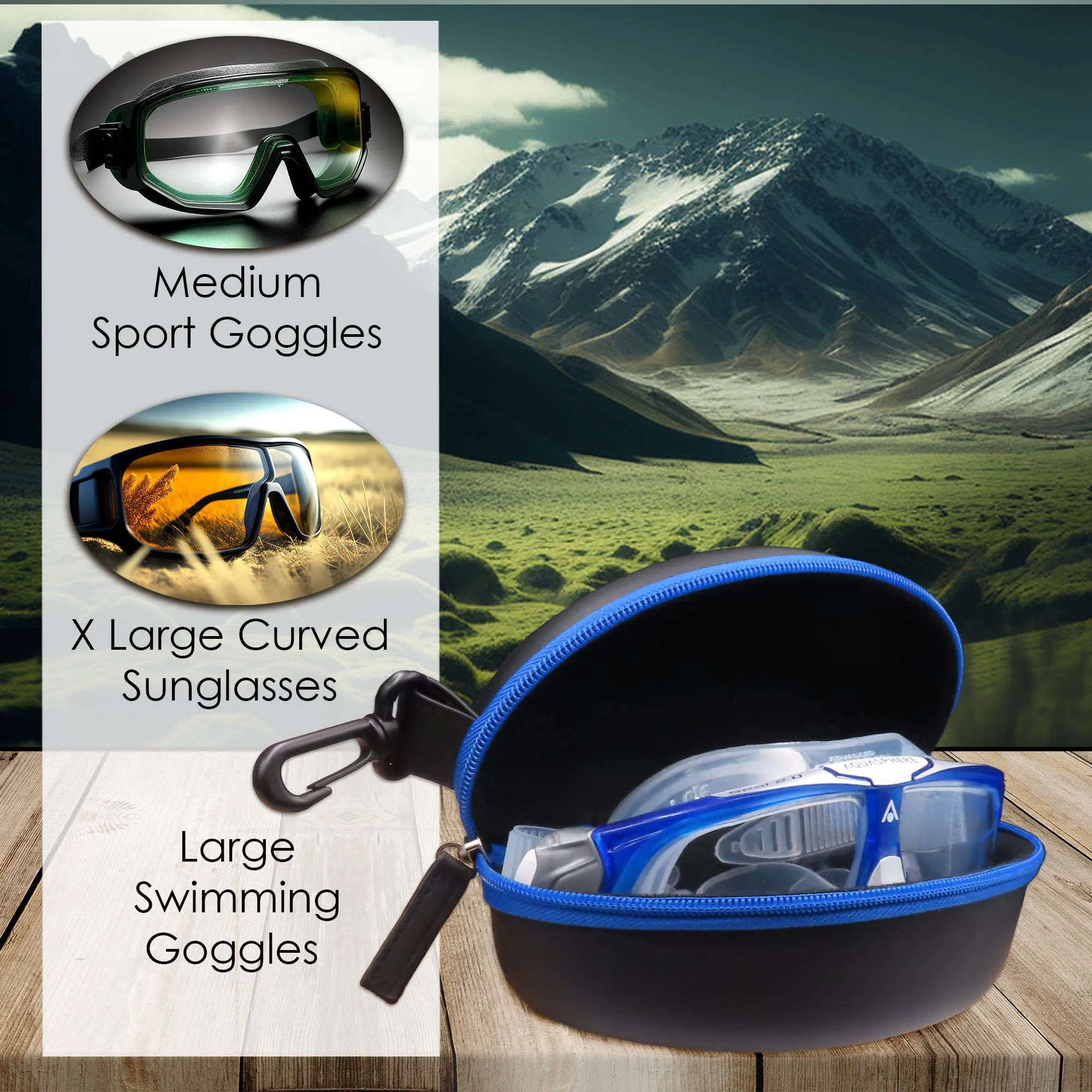 Extra Large Sunglasses case, EVA Zipper Snow Goggles - Semi Hard Glasses Case Compact & Lightweight with belt Clip and cloth (B701 XL Blk & Blue)