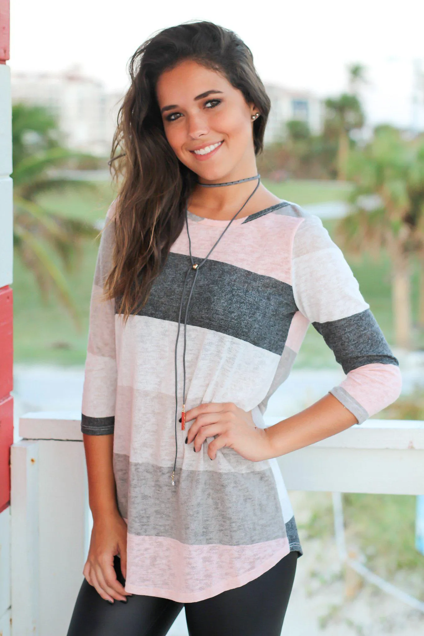 Ivory And Pink Color Block Top with 3/4 Sleeves