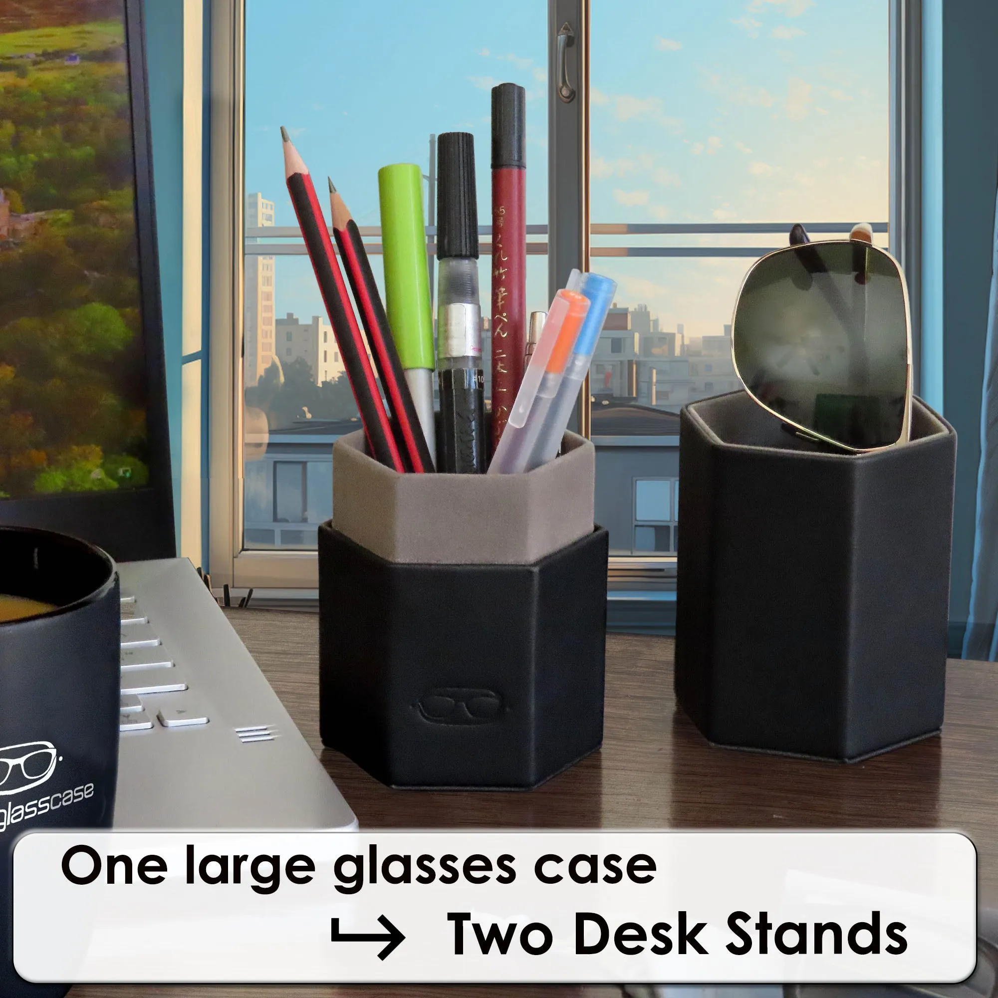 Large Sunglasses Travel Case Opens into 2 Desk stands - Classic Black with Pouch & Cloth  (RC490 Black)