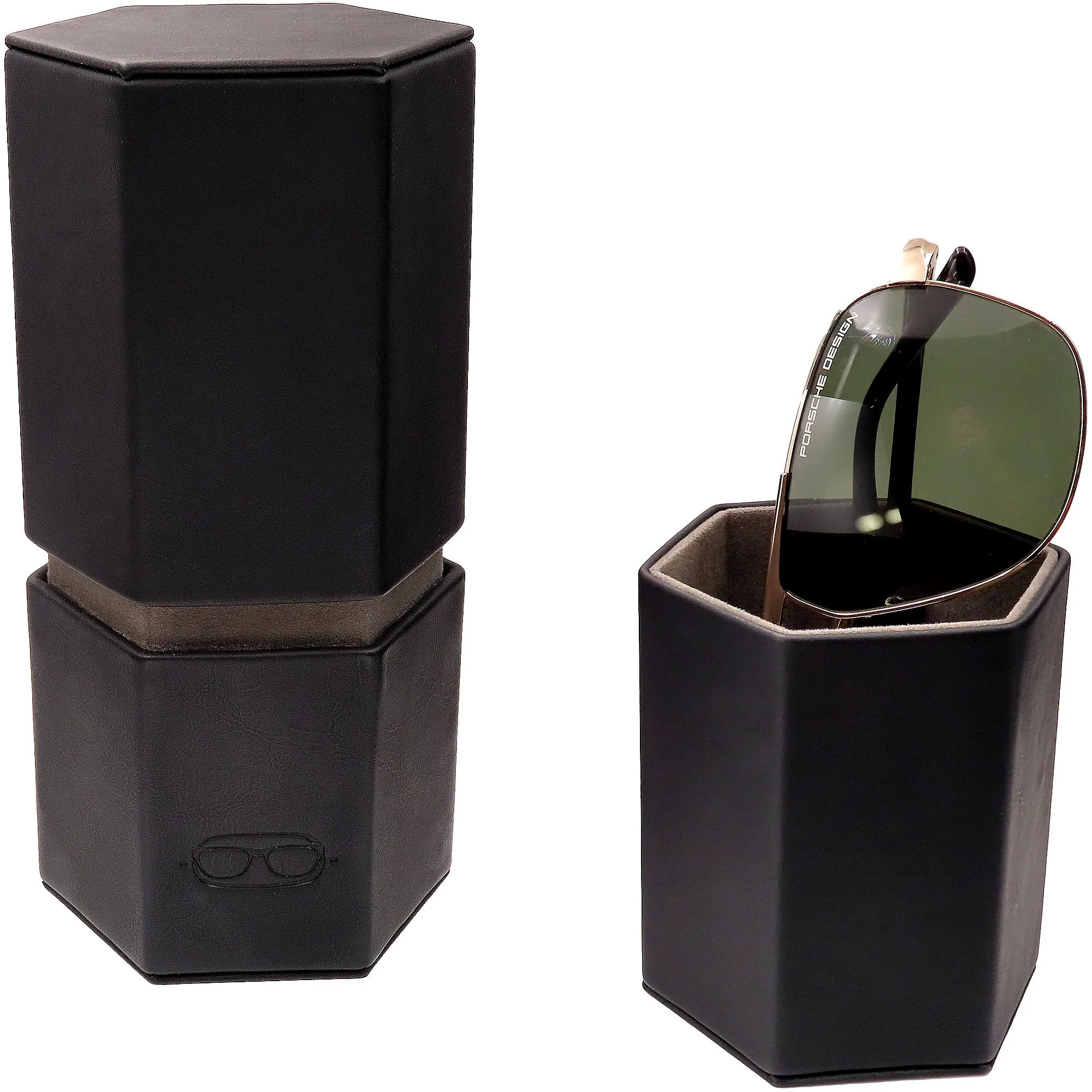 Large Sunglasses Travel Case Opens into 2 Desk stands - Classic Black with Pouch & Cloth  (RC490 Black)