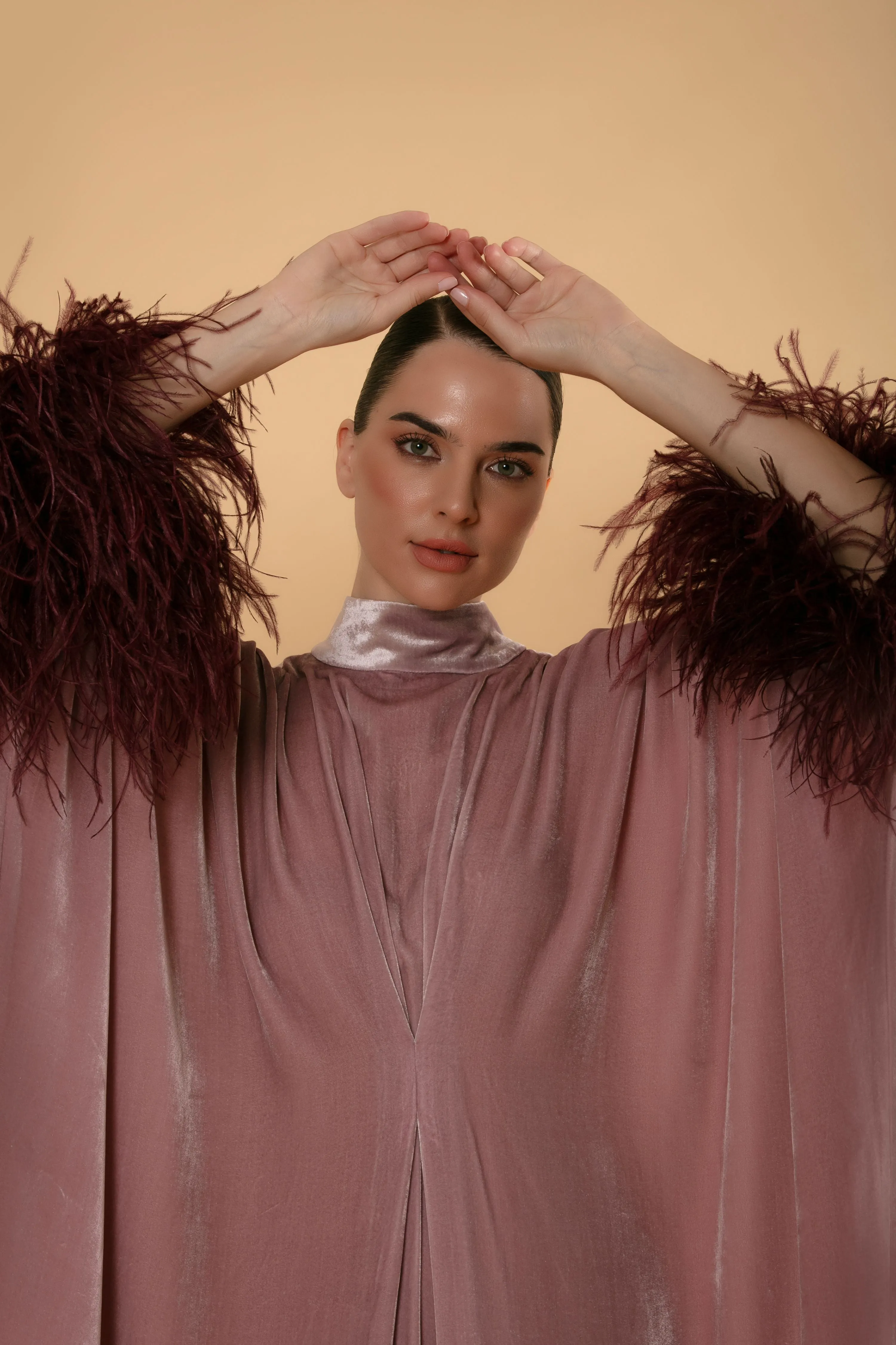 Lavender Velvet Kaftan with Feathered Sleeves