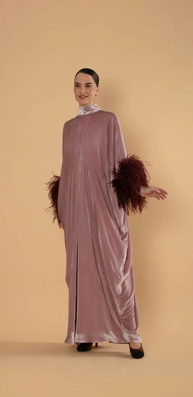 Lavender Velvet Kaftan with Feathered Sleeves