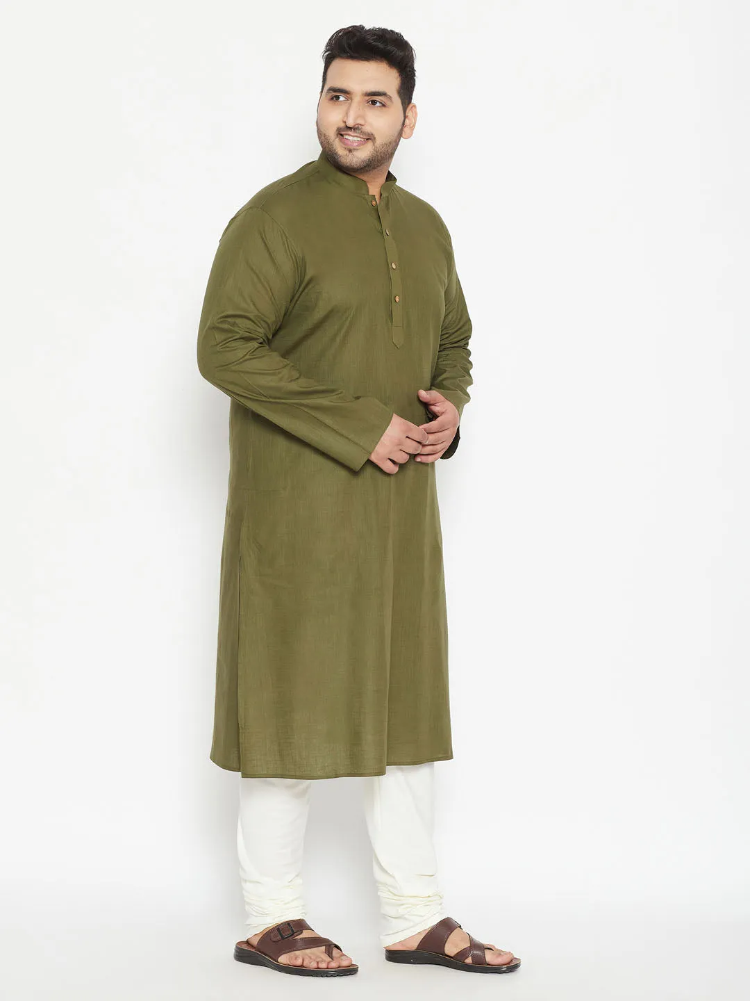 Men's Plus Mint Green And Cream Cotton Blend Kurta Pyjama Set - Vastramay