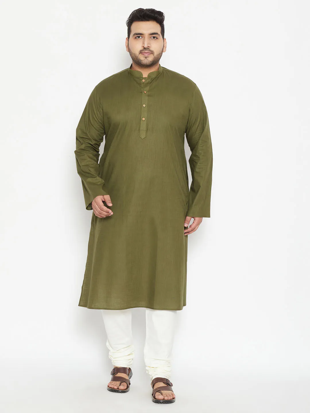 Men's Plus Mint Green And Cream Cotton Blend Kurta Pyjama Set - Vastramay