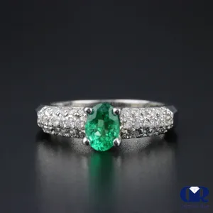 Natural 1.10 Ct Emerald & Diamond Cocktail Ring In 14K White Gold