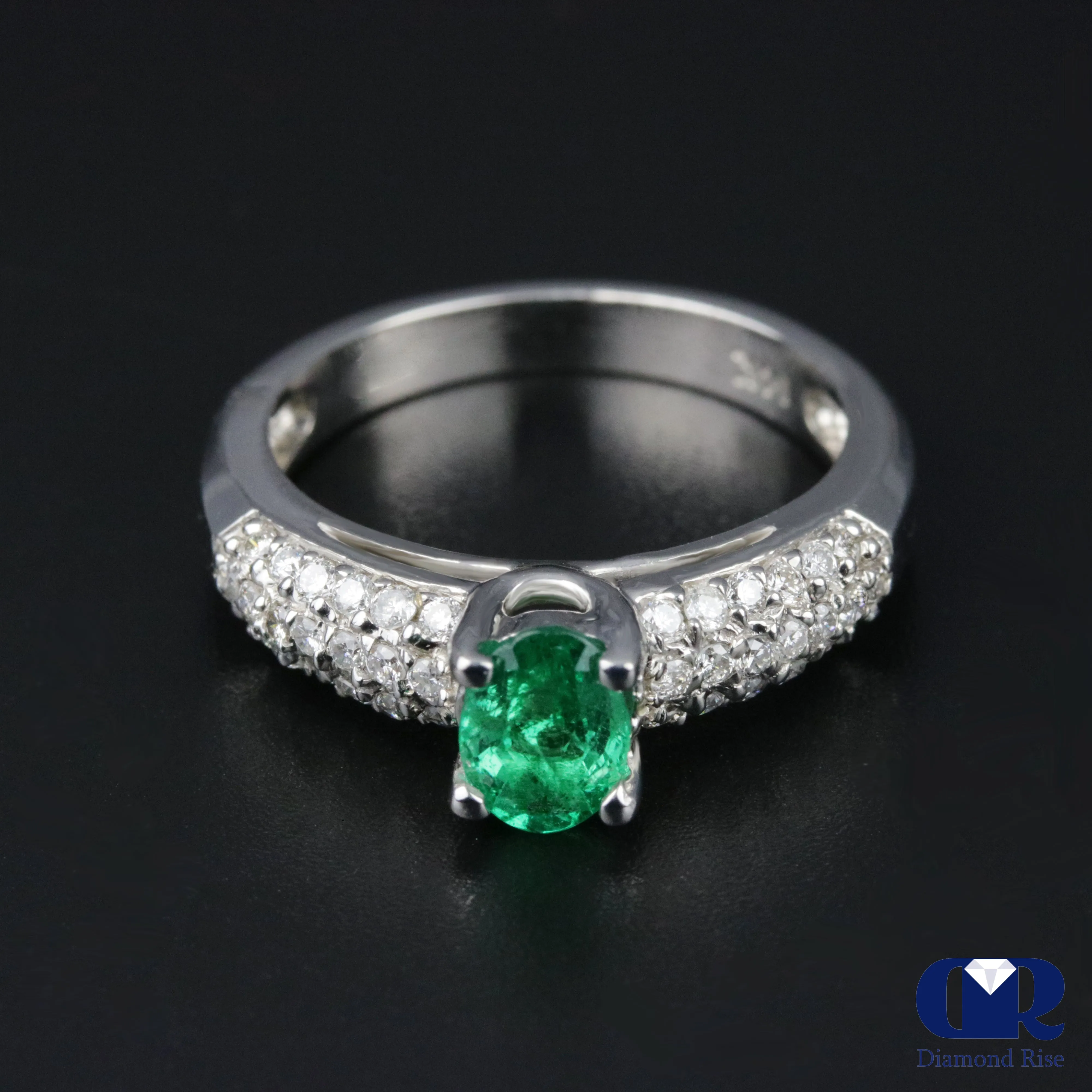 Natural 1.10 Ct Emerald & Diamond Cocktail Ring In 14K White Gold