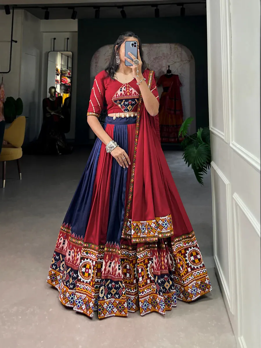 Navy Blue Vibrant Printed Silk Lehenga with Gamthi & Mirror Work