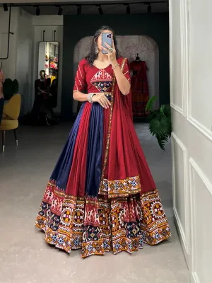 Navy Blue Vibrant Printed Silk Lehenga with Gamthi & Mirror Work