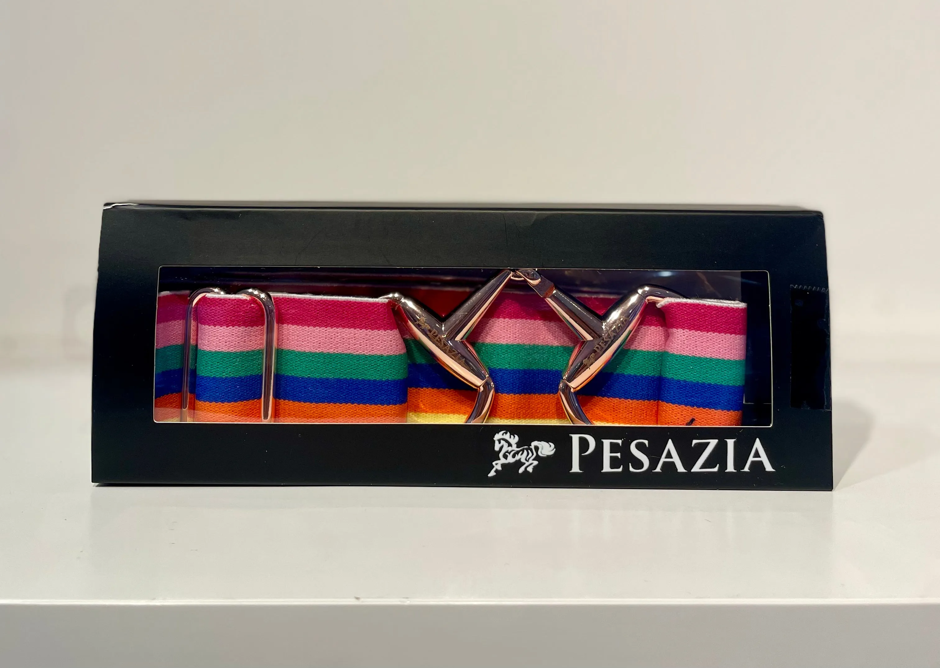 Pesazia - Logo Stretch Bit Belts - Rainbow Stripes w/ Rose Gold Snaffle Bit