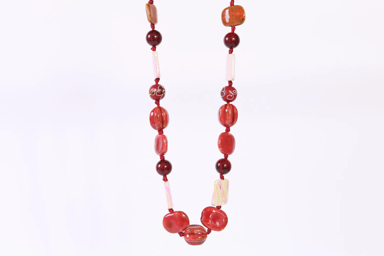 Red Ribbon and Bead Necklace