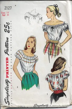 Simplicity 2127 Puff Sleeve Off Shoulder Blouse Vintage Sewing Pattern 1940s