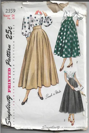 Simplicity 2359 Ladies Skirt  Ballerina Daytime Vintage Sewing Pattern 1940s