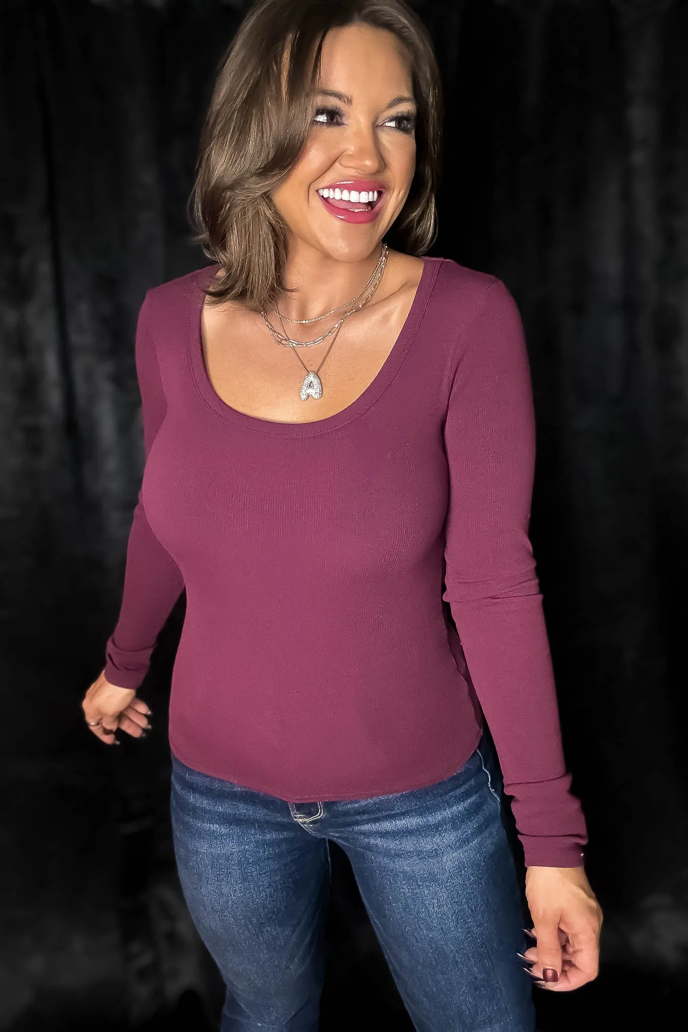 Slim Fit Plum Scoop Neck Long Sleeve Top