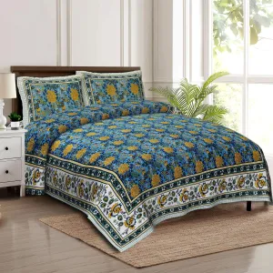 The Boho Tales Jaipuri Printed Double Bedsheets with 2 King Size Pillow Cover | Cotton Flat Bedsheet for Double Bed | Bedding Set - Blue (90 x 108 Inches, 7.5-9 Feet)