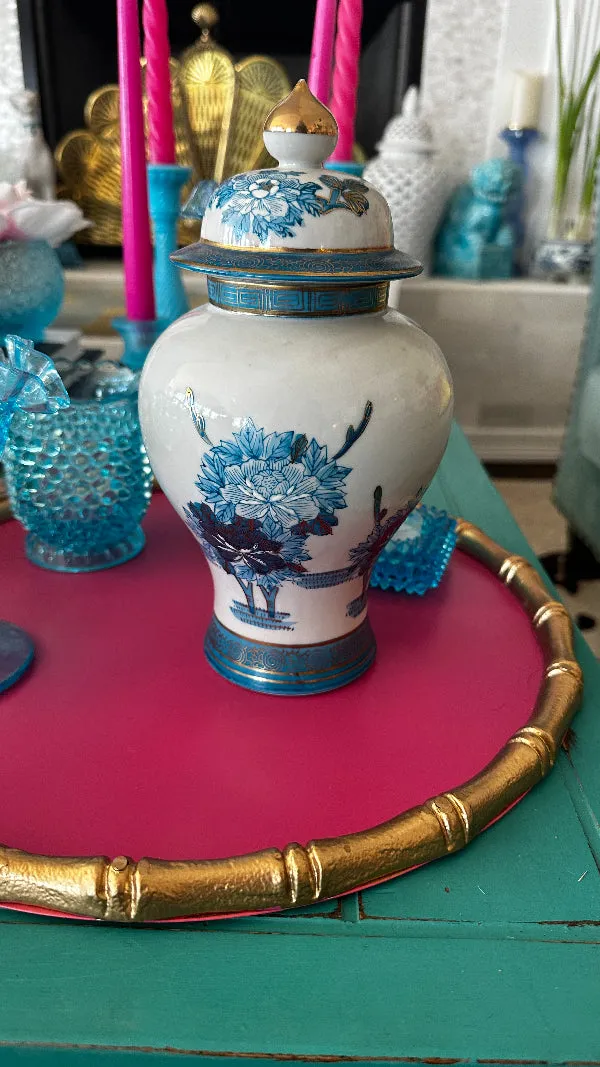 Vintage Oriental Ginger Jar, Blue, White, Gold, Signed, Imari Style