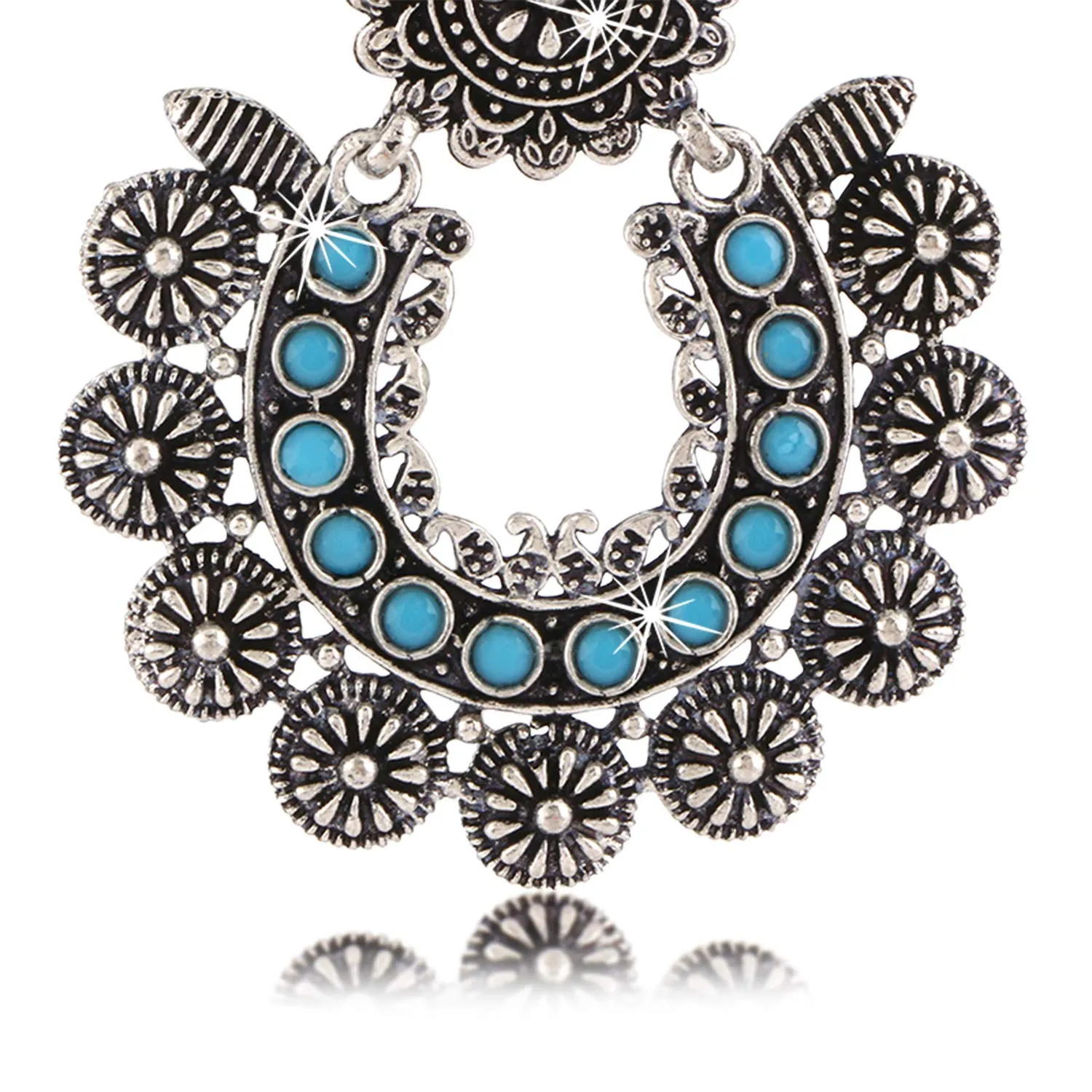 Yellow Chimes Turquoise Touch German Oxidised Silver Traditional Chand Bali Earrings for Women and Girls